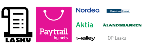 Talhu maksutavat 1: Lasku sekä Paytrail-maksutavat: Nordea, Danske Bank, Aktia, Ålandsbanken, Walley, OP Lasku.