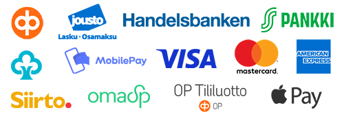 Maksutavat 2: OP, Jousto lasku ja osamaksu, Handelsbanken, S-Pankki, Nooa Säästöpankki, MobilePay, Visa, Mastercard, American Express, Siirto, OmaOP, OP Tililuotto, Apple Pay