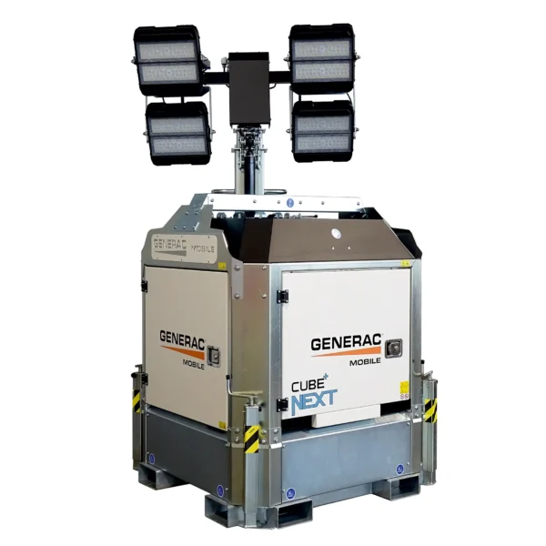 Generac CUBE NEXT -valomasto kuljetusasennossa – masto laskettuna ja neljä LED-valopaneelia suoja-asennossa.