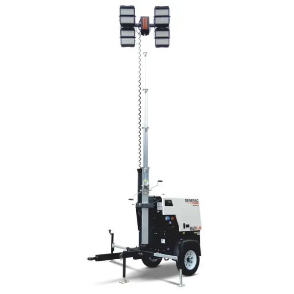 Generac GLT4-M – hinattava LED-valomasto työmaakäyttöön: mekaanisella vinssillä nostettava teleskooppimasto täydessä korkeudessa, neljä säädettävää LED-heitintä, dieselgeneraattorirunko, aisapyörä ja neljä tukijalkaa maassa.