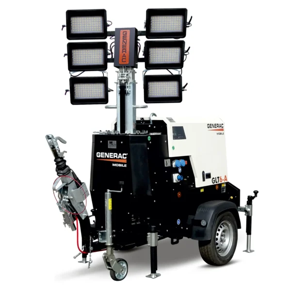 Generac GLT6-A – hinattava LED-valomasto kuljetusasennossa: kuusi LED-heitintä maston ala-asennossa, teleskooppimasto lukittuna, dieselgeneraattorirunko, jarrullinen aisapää ja kääntyvät tukijalat.