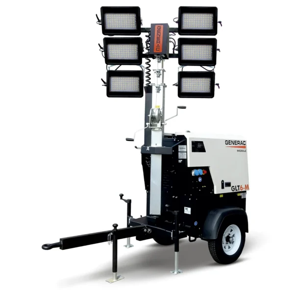 Generac GLT6-M – hinattava diesel-LED-valomasto kuljetusasennossa: kuusi LED-heitintä maston ala-asennossa, mekaaninen vinssi, generaattorikotelo, kuulavetopää ja kääntyvät tukijalat.