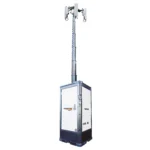 Generac Hydro Power Box (HPB) – siirrettävä akku-/hydrosähköinen valomasto, teleskooppimasto täysin ylhäällä ja neljä LED-valonheitintä, tukeva teräsrunko lavapohjalla työmaakäyttöön.
