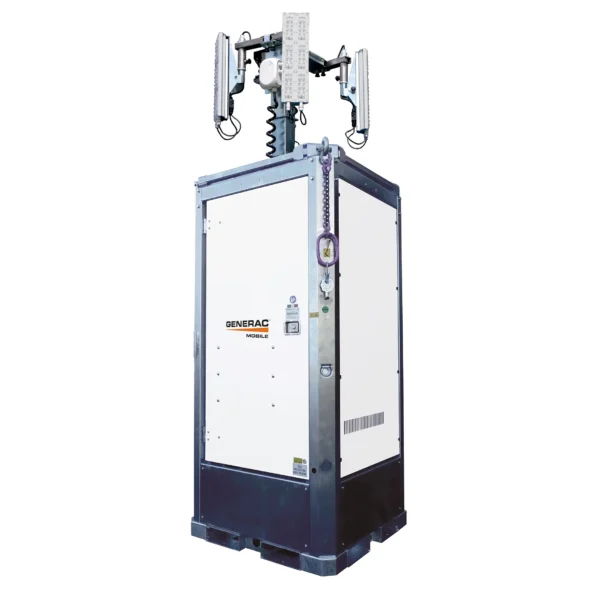 Generac Hydro Power Box Pro – siirrettävä akku-/hydrosähköinen LED-valomasto kuljetusasennossa: neljä LED-heitintä maston ala-asennossa, galvanoitu teräskotelorunko lavapohjalla, nostoketju ja trukkitaskut.