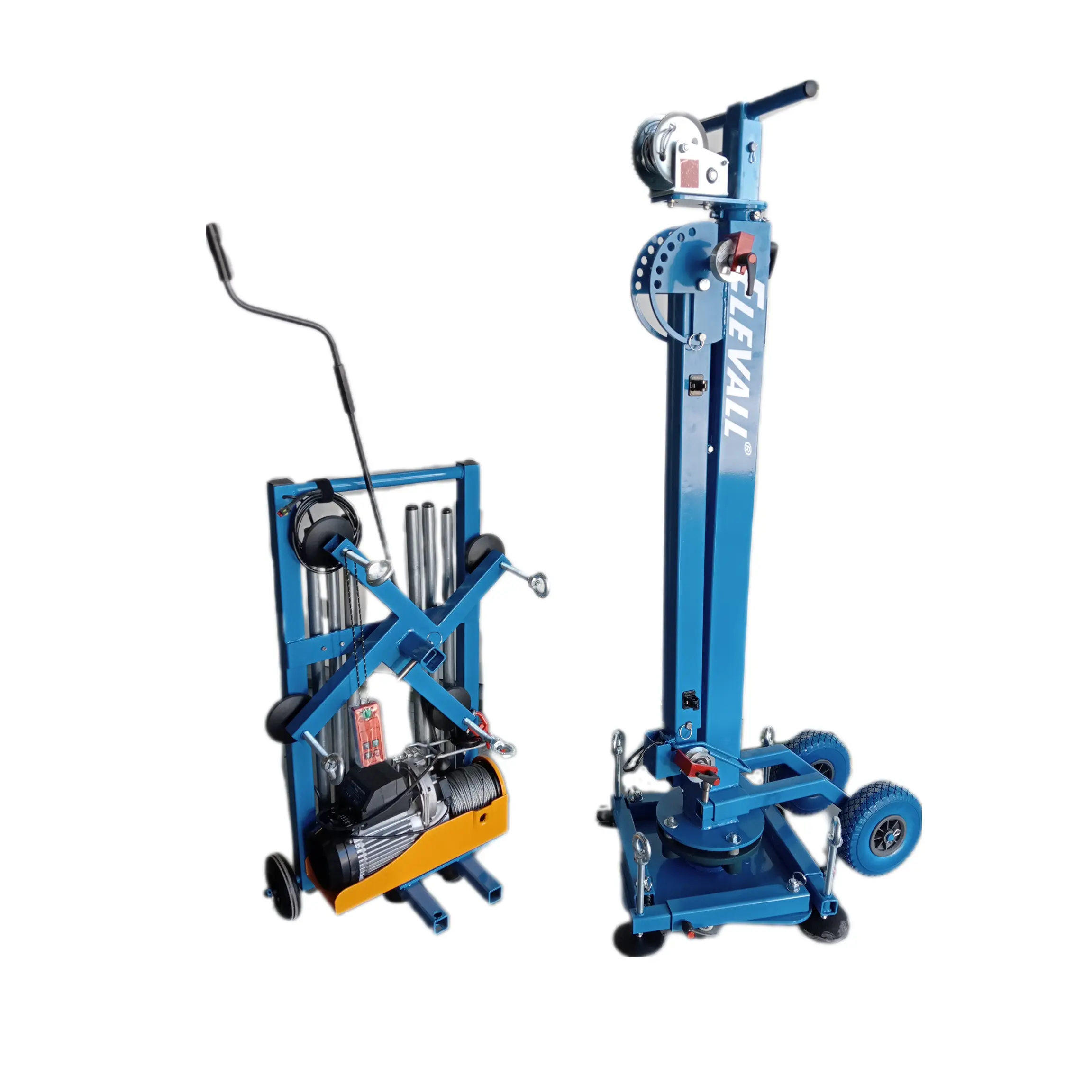 Elevall 400 kerrosnosturi kahdessa tilassa: kuljetusasento pyörillä ja pystytetty masto nostopuomille, kompaktit mitat sisäkäyttöön.