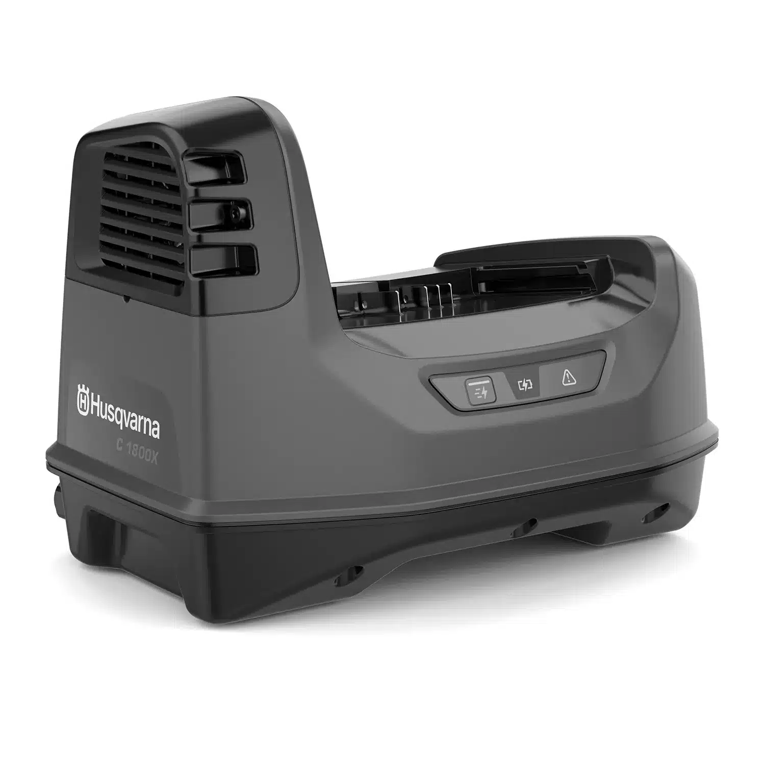 Husqvarna C1800X PACE akkulaturi - musta pikalaturi tuuletusaukoilla ja merkkivaloilla PACE-akkujärjestelmälle.