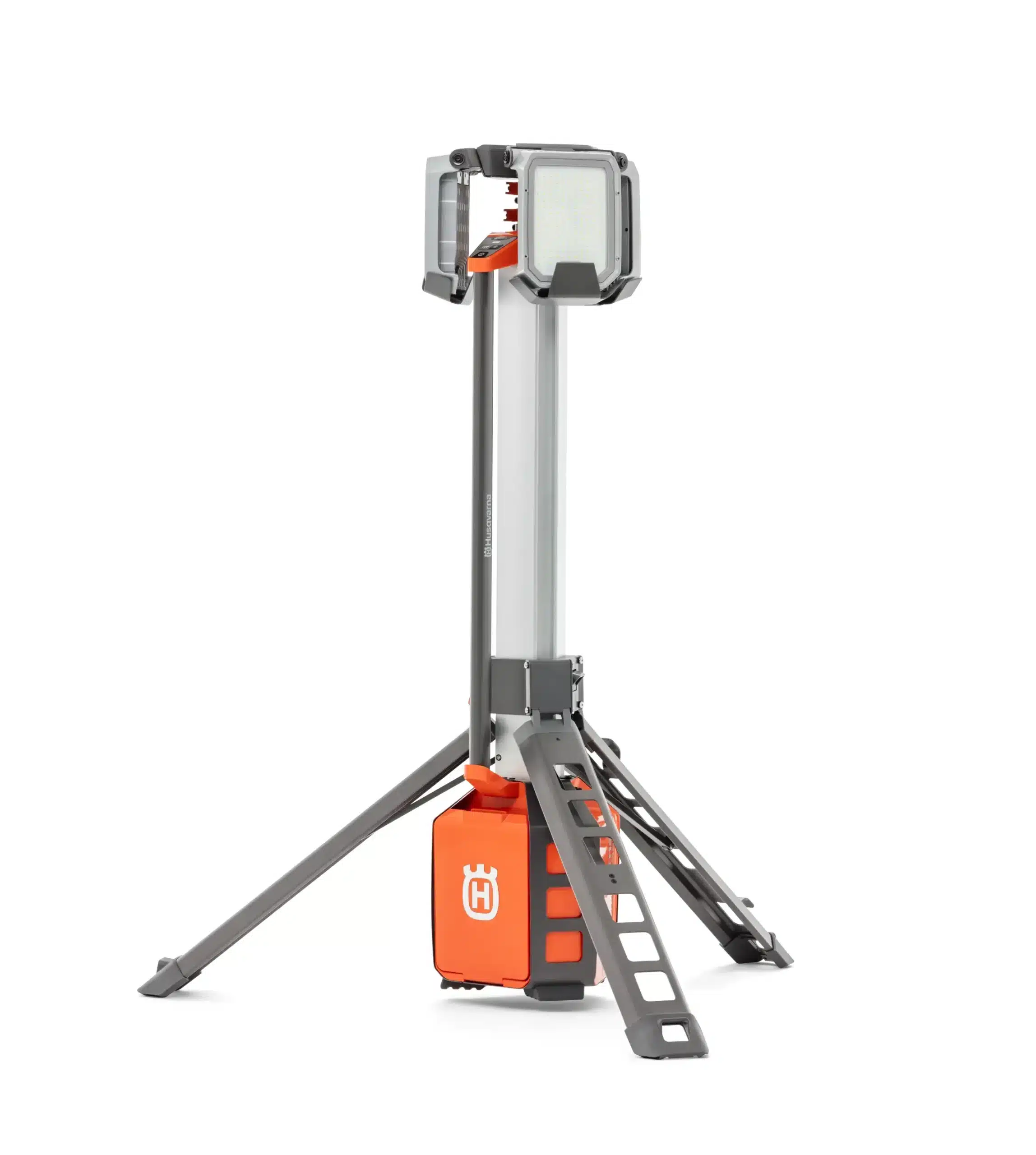Husqvarna WL 24 PACE LED-työmaavalaisin - kompakti teleskooppivalomasto laskettuna ja kolmijalka avattuna.