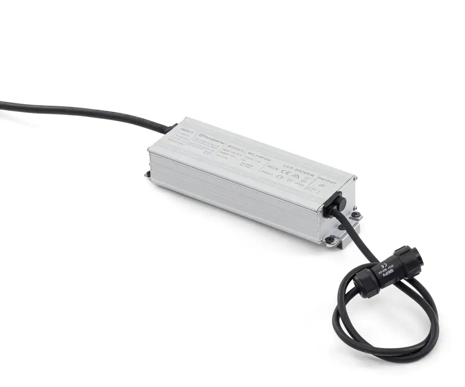 Husqvarna WL 24 virtajohto - hopeanvärinen muuntaja virtaliitännällä työmaavalaisimille.