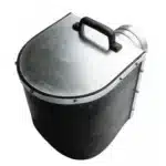 Disaflow puhalluslaatikko - metallinen kuljetuslaatikko kannella ja letkuyhteellä Disaflow-järjestelmän säilytykseen.