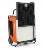 Husqvarna A 100 ilmanpuhdistin HEPA-suodattimella - harmaa yksikkö oranssilla A 100 -moottorilla ja valkoisella HEPA-suodattimella.